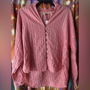 Anthropologie Pilcro Tavi Pink Metallic Button Up Long Sleeve Blouse 🩷 NWT